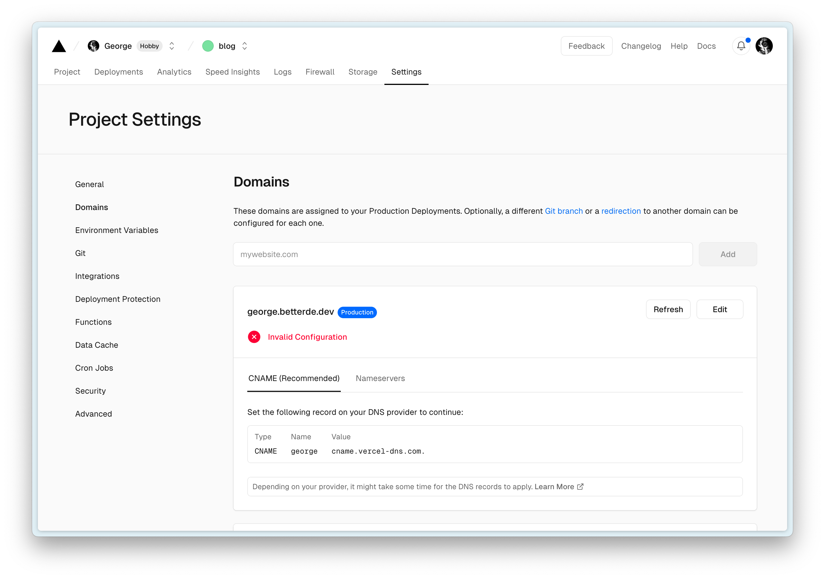 Vercel Domain Config